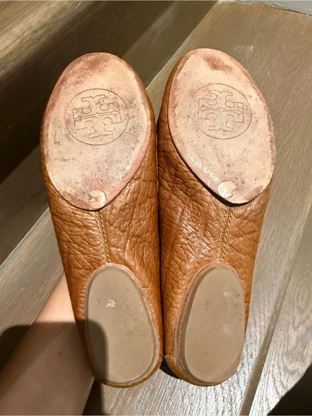 Tory Burch Cognac Leather Logo Penny Loafers